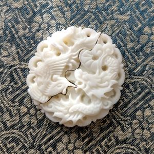 Dragon & Phoenix Yin Yang Carved Bone Pendant Pair